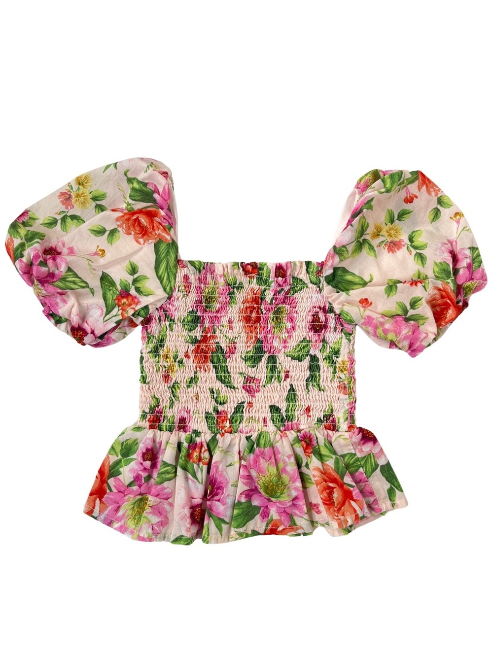 Janie and Jack Pink Floral Smocked Puff-Sleeve Top